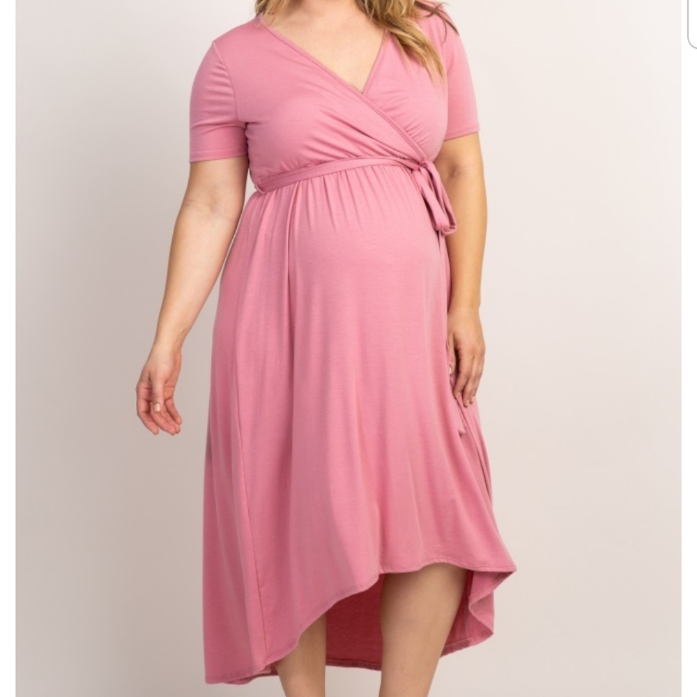 Pink Solid Hi-Low Maternity Plus Wrap Dress